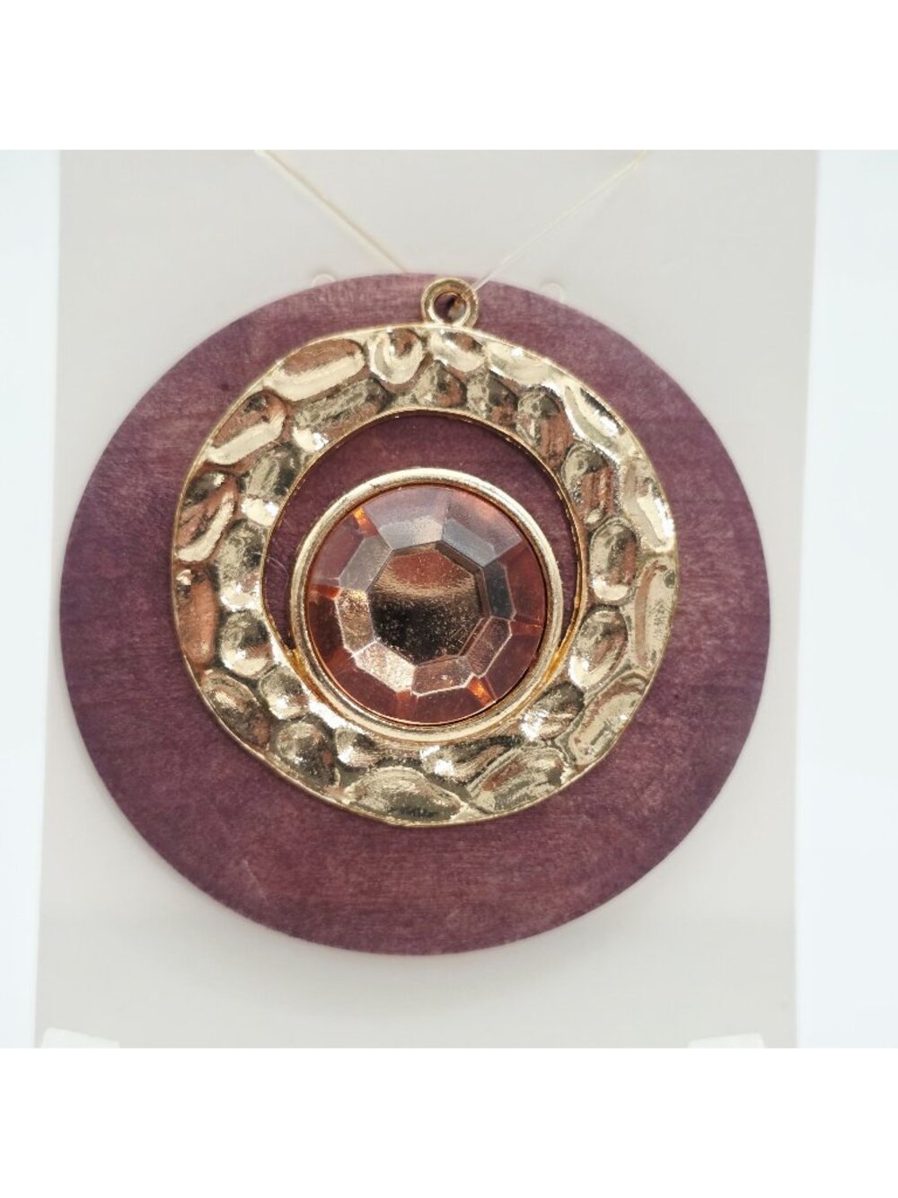 Round Wooden Pendant With Gold-Tone Metal & Faceted Amber Gemstone Accent 2.25"